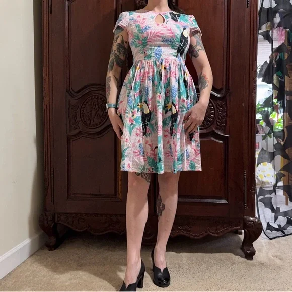 Hell Bunny Pink and Green Tropical Mini Dress - Picture 2 of 8